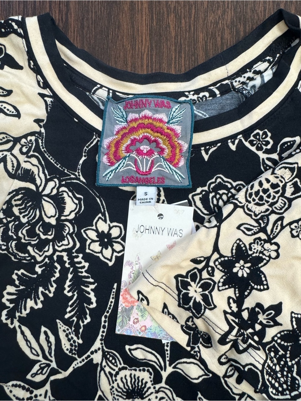 Johnny Was Black and Cream Floral Casual Top - Picture 2 of 3